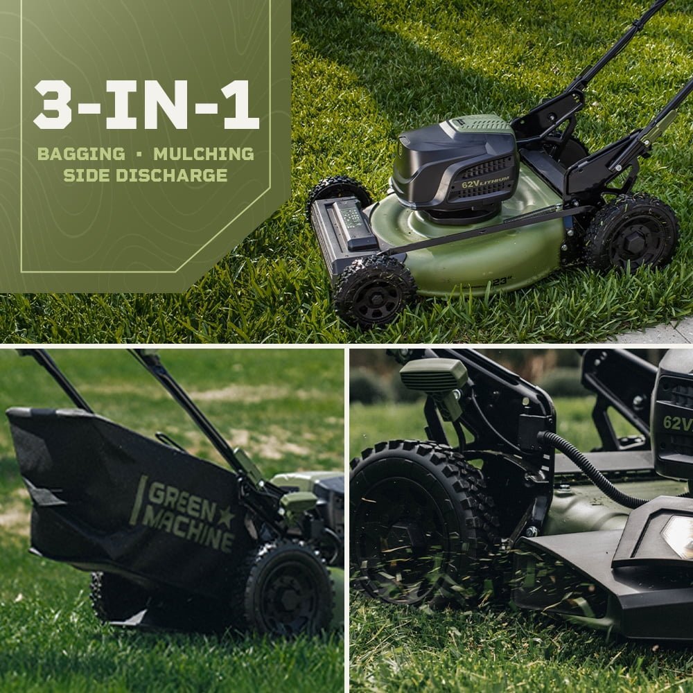 50bd9d3c-648e-469d-bbe9-7858b2a33401.66db36b58f4743ededc2ed25f4f353bb.jpg Green Machine 62V 23-Inch Self-Propelled Brushless Cordless Electric Lawn Mower, Includes Two 4.0Ah Batteries and Rapid Charger - Image 1